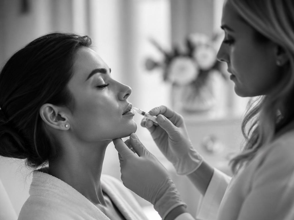 Black and white editorial photograph of a woman receiving a precise lip injection from a gloved aesthetic practitioner in a soft-focus clinic setting - calm, clinical, and human.
