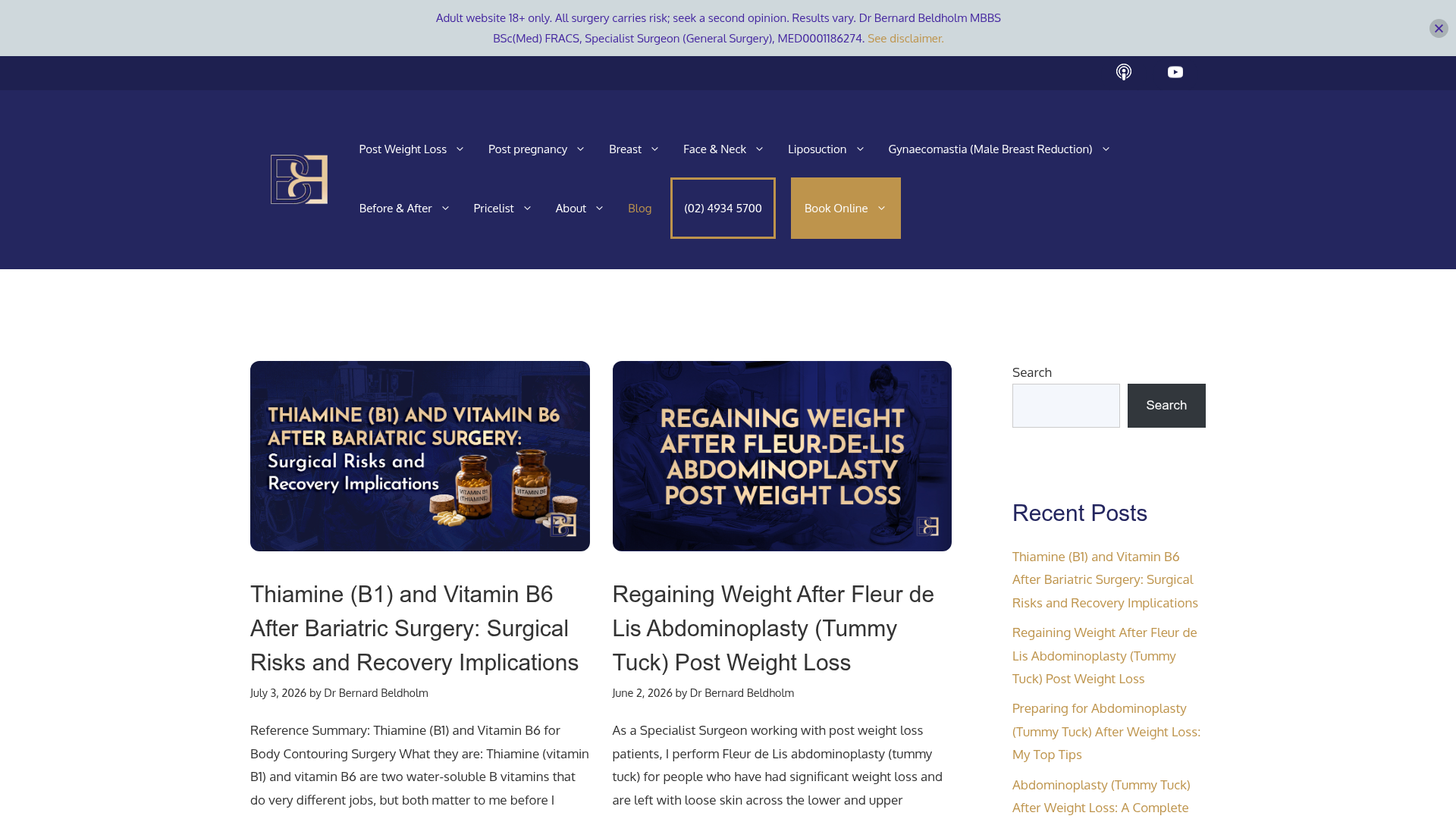 Blog index of the Dr Bernard Beldholm website showing patient-education articles on bariatric recovery and post–weight loss abdominoplasty.