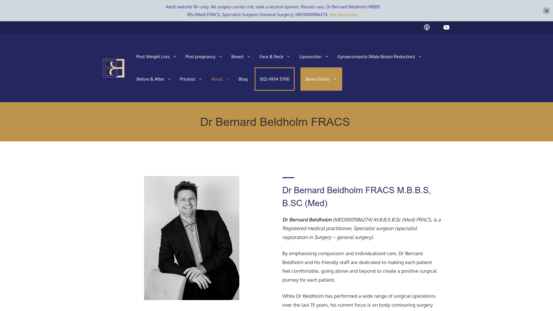 About page of the Dr Bernard Beldholm website introducing him as a specialist FRACS surgeon with nearly two decades of experience.