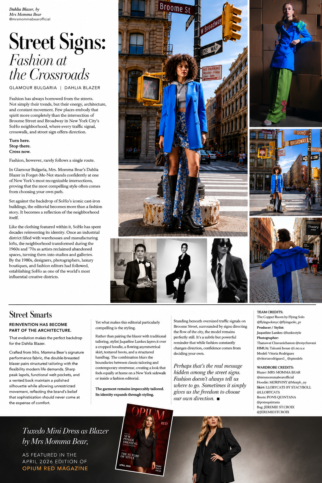Editorial newsletter spread titled 'Street Signs' featuring the Dahlia Blazer photographed in SoHo, New York.
