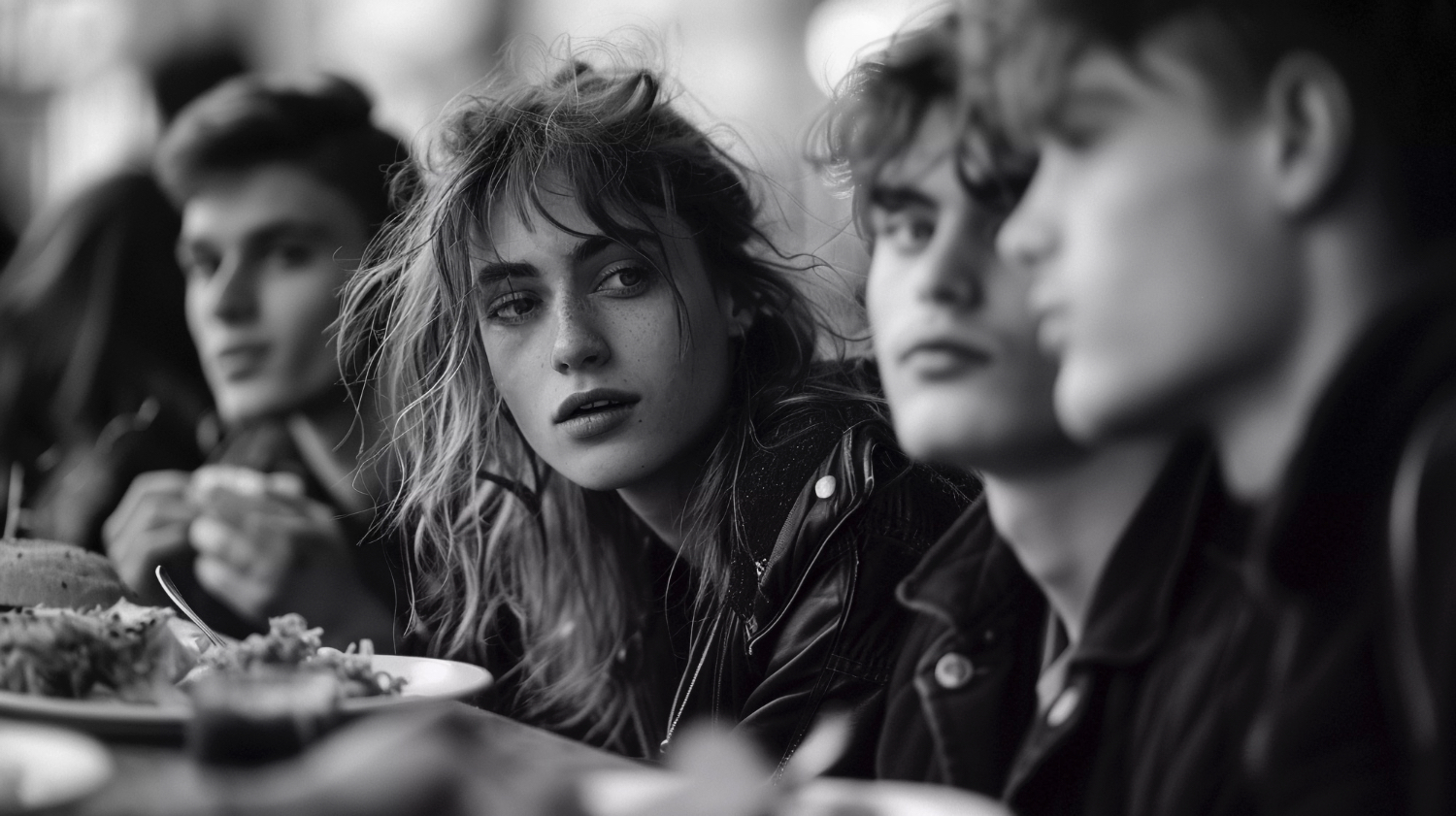 Black and white editorial photograph of friends gathered at a diner table, caught between conversation and quiet reflection - city life, shared meals, and the intimacy of a night out.