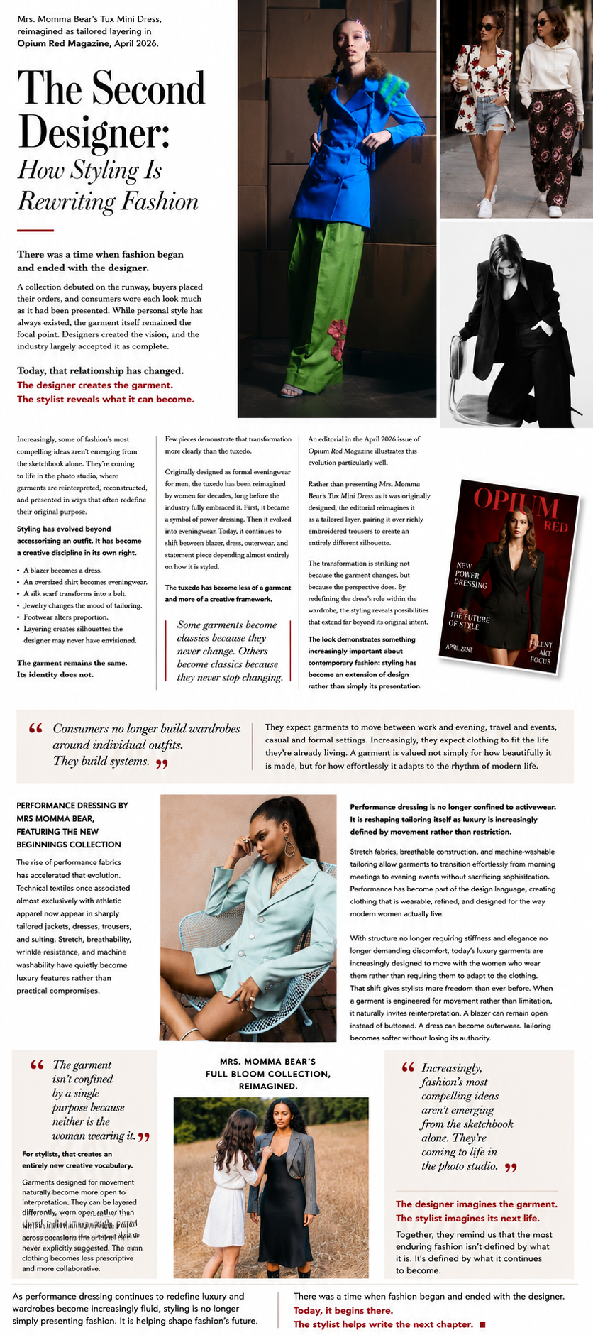 Editorial newsletter spread titled 'The Second Designer' featuring the Tux Mini Dress by Mrs. Momma Bear.