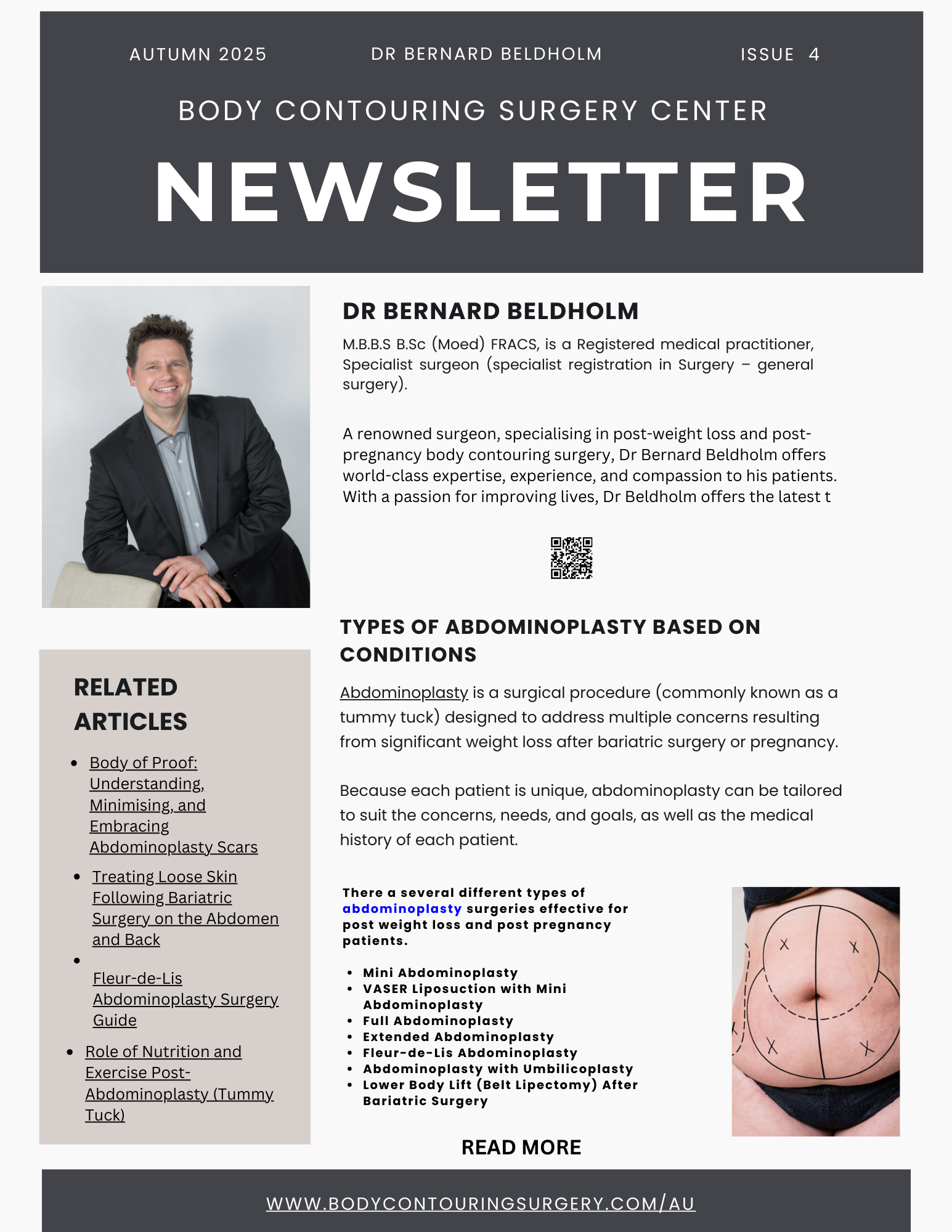 Body Contouring Surgery Center newsletter, Issue 4, Autumn 2025 - introducing Dr Bernard Beldholm and the types of abdominoplasty based on conditions.