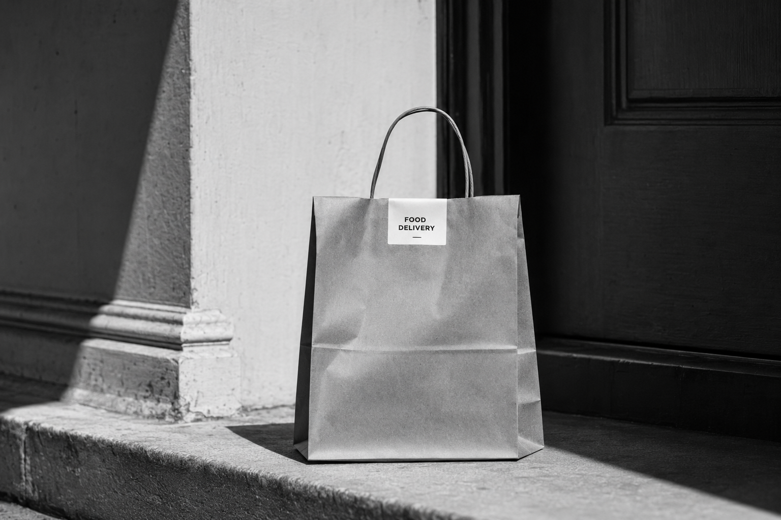 Black and white photograph of a paper food delivery bag resting on stone steps outside a doorway, soft afternoon light casting a long shadow - quiet arrival, city life reduced to a single object.