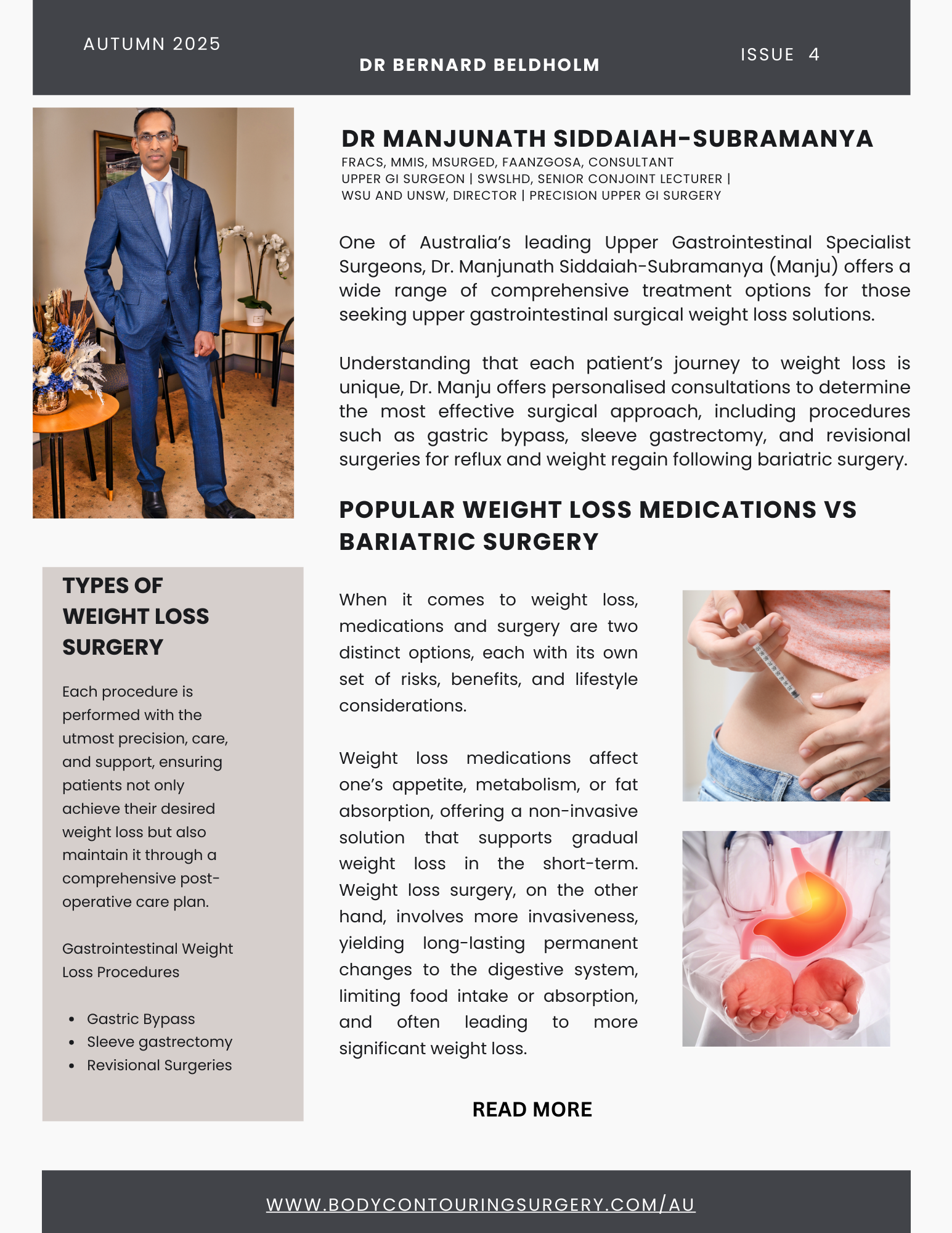 Newsletter spread featuring Dr Manjunath Siddaiah-Subramanya comparing GLP-1 medications to bariatric surgery.