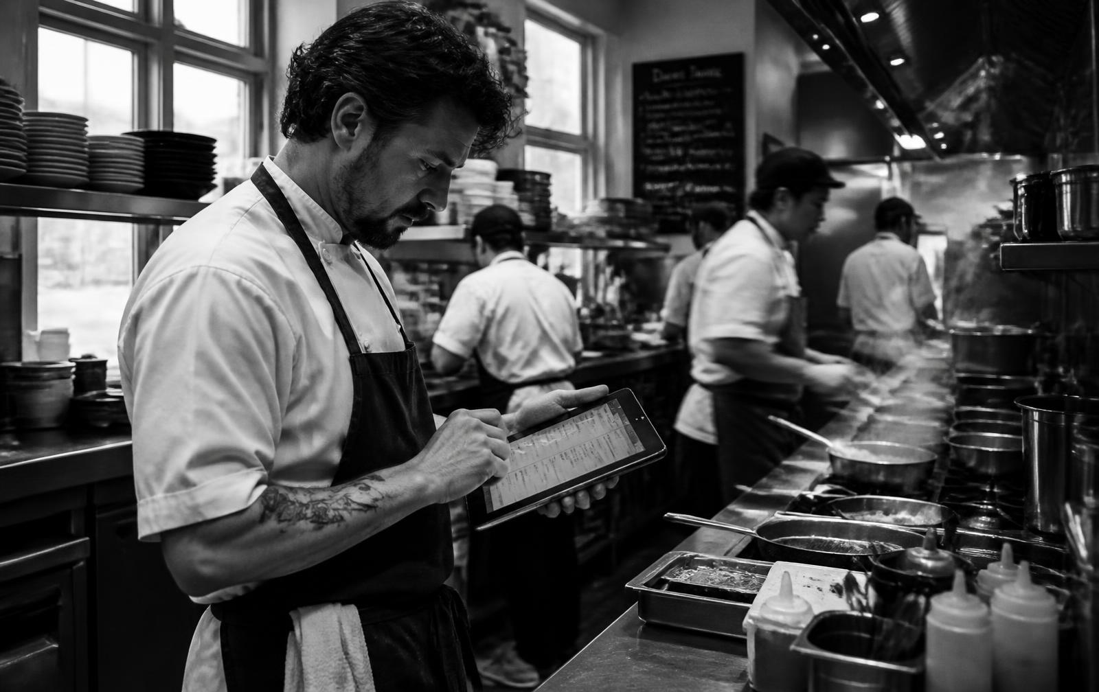 Black and white photograph of a chef checking order data on a tablet during service while the line works behind him.