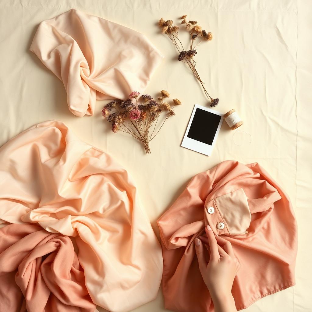 Overhead flat lay of silk garments, tearsheets, dried florals, a Polaroid, spool of thread, and a stylist's hand.