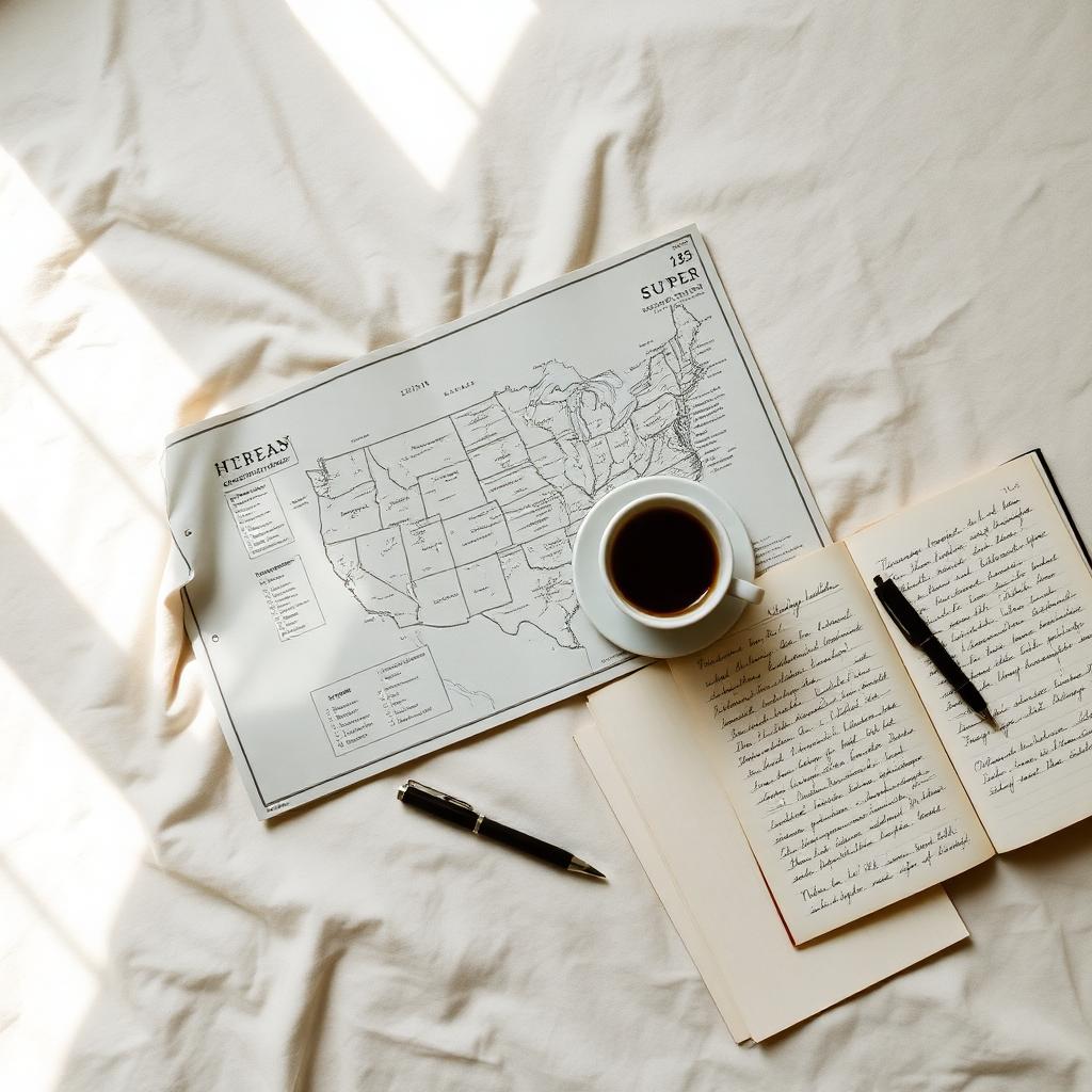 Overhead still life: paper US map, espresso cup, torn notebook pages with handwritten strategy notes.